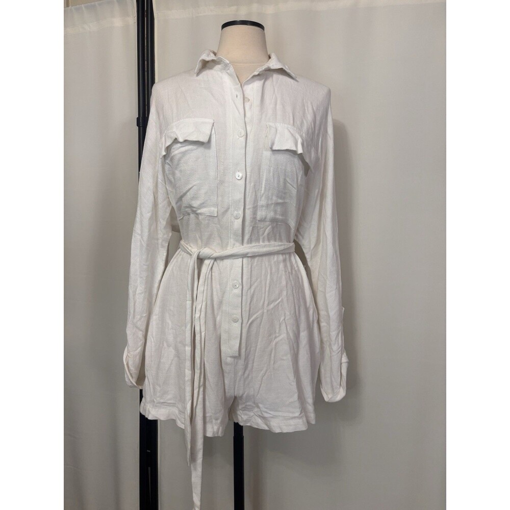 Stillwater Women’s Ivory cotton Linen romper belt pockets Small Boho made in USA
